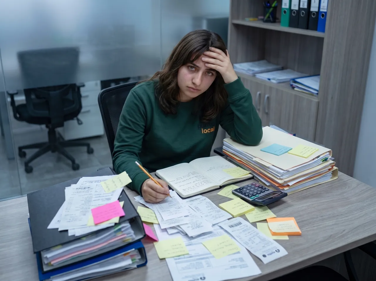 Emprendedora agobiada anotando ventas a mano entre boletas, papeles y una calculadora