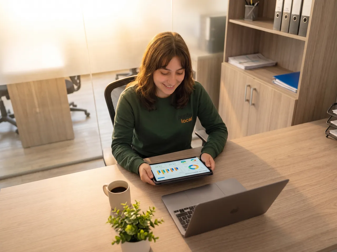 Emprendedora contenta revisando los gráficos de ventas de su negocio en una tablet